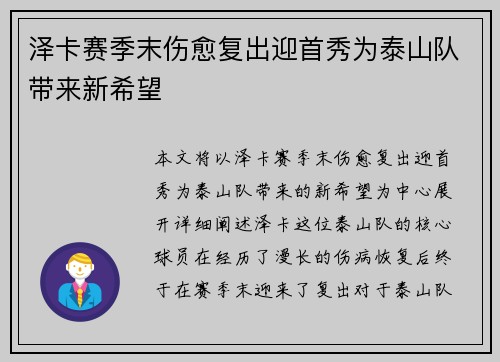 泽卡赛季末伤愈复出迎首秀为泰山队带来新希望